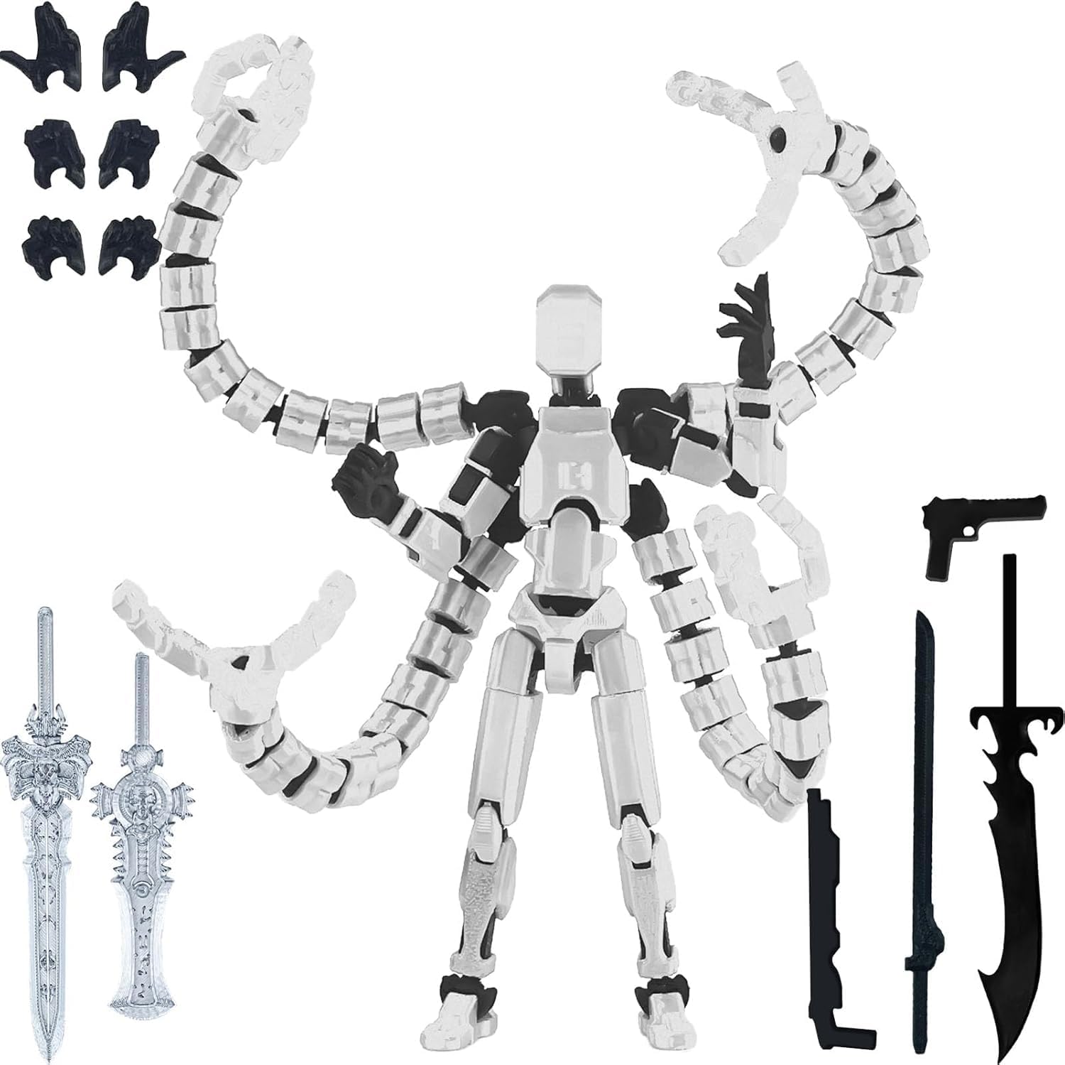 Action Figure Toys, Octopus Shaped 3D Printed Toys, White Multi-Jointed Dummy 13 Action Figure with 9 Accessories, Articulated T13 Action Figure Robot Toy Set Game Desktop Decoration for Gifts