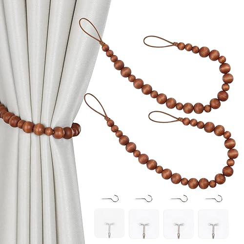 OCIOLI 2 Pieces Curtain Tieback Wood Bead Curtain Tiebacks Curtain Holdbacks for Wall Curtain Ties Window Treatment Curtain Tie Backs with Hooks Curtain Pull Backs (Coffee,2) - Coffee - 2