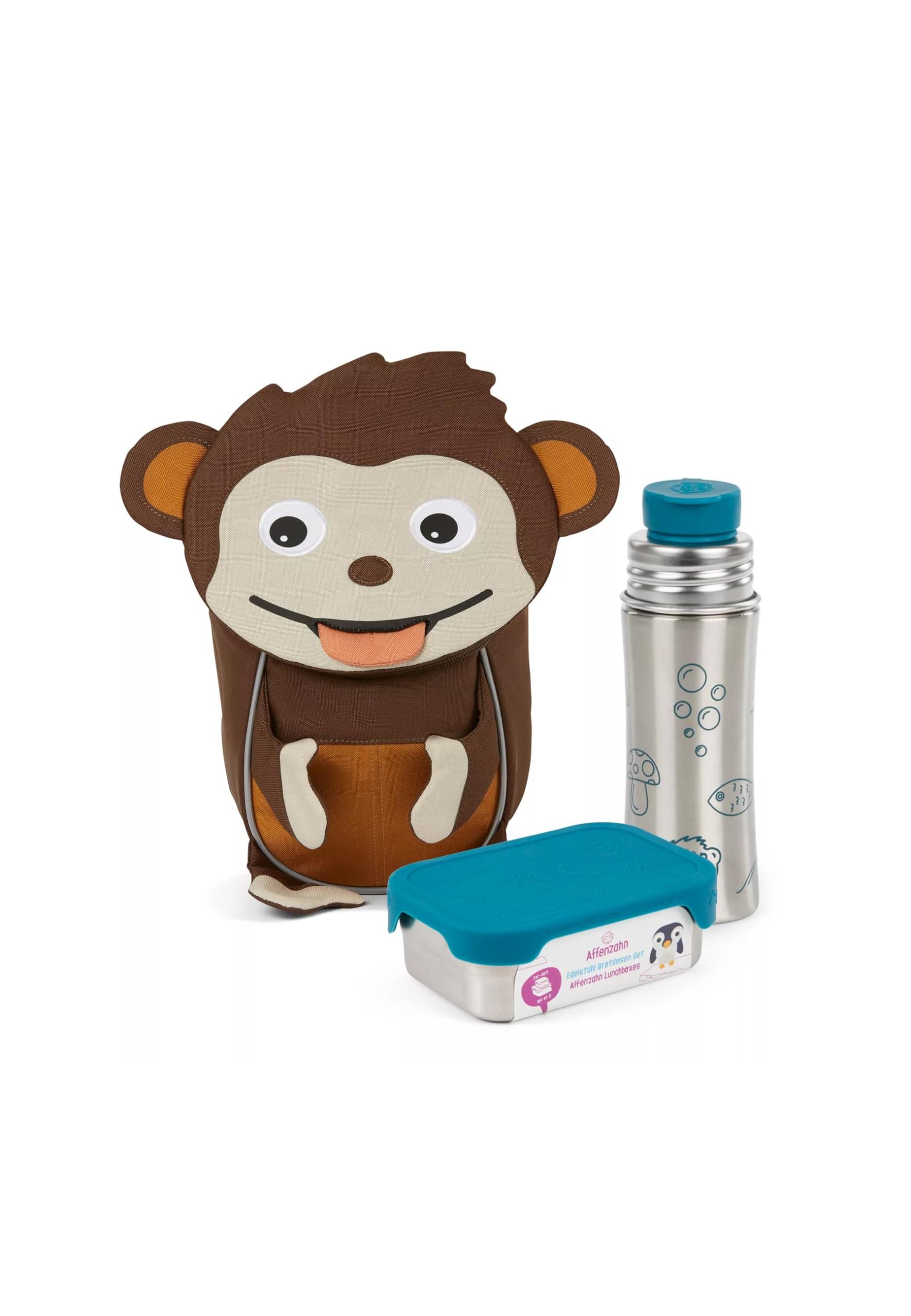 Affenzahn Kleiner Freund Bundle mit Trinkflasche und Brotdose, Kita Rucksack Set für 1-3 Jährige Affenzahn - Braun