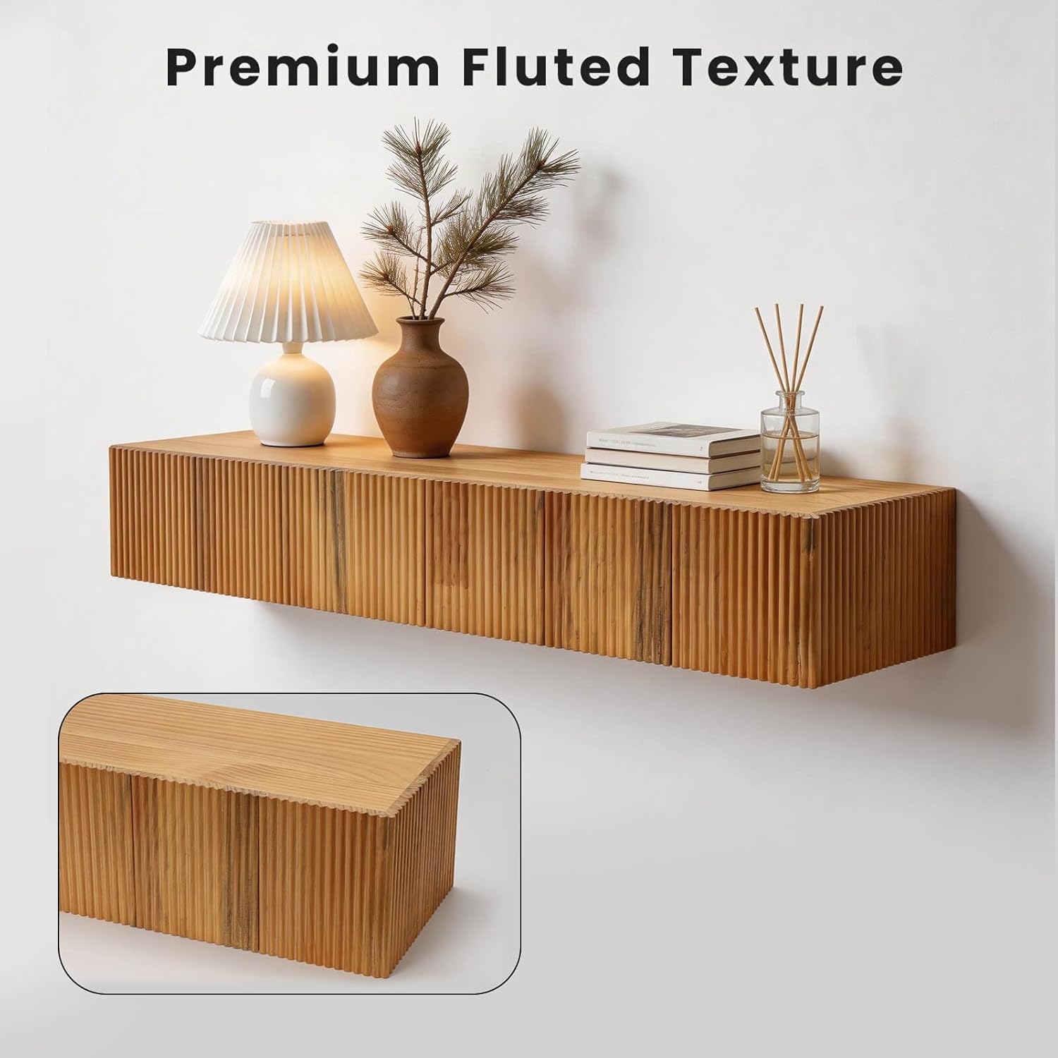 Fireplace Mantel Shelf 60", Wood Fluted Solid Wood Floating Mantel for Over Fireplace, Handcrafted Rustic Farmhouse Wall-Mounted Shelf with Heavy-Duty Hidden Bracket, 60"x8"x6"