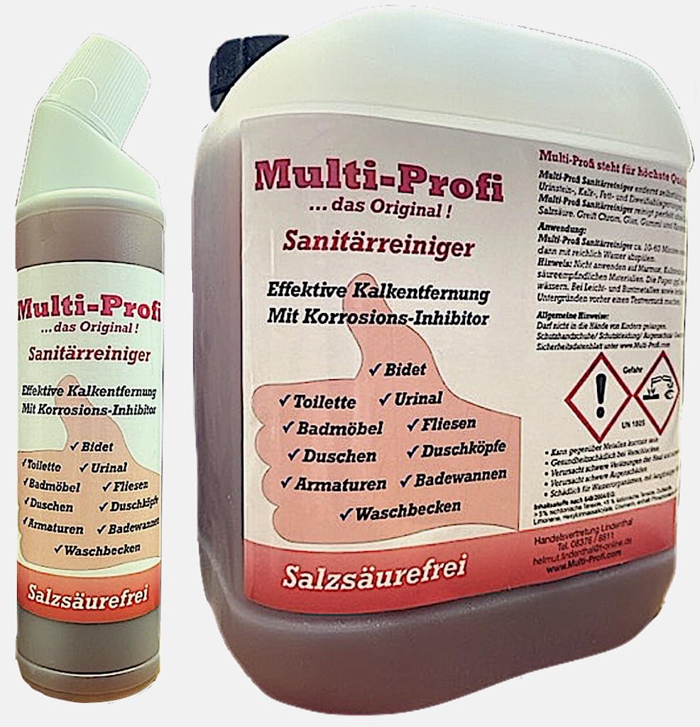 Multi-Profi Sanitärreiniger entfernt selbsttätig auch starke Urinstein-, Kalk-, Fett- und Eiweißablagerungen. Reinigt perfekt ohne Salzsäure und greift Glas, Gummi und Kunststoff nicht an ! 5 Liter