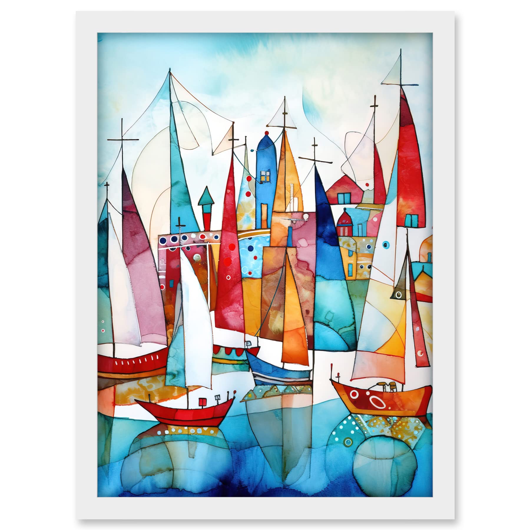 Artery8 Harbour Boats Abstract Folk Art Watercolour Painting Artwork Framed A3 Wall Art Print