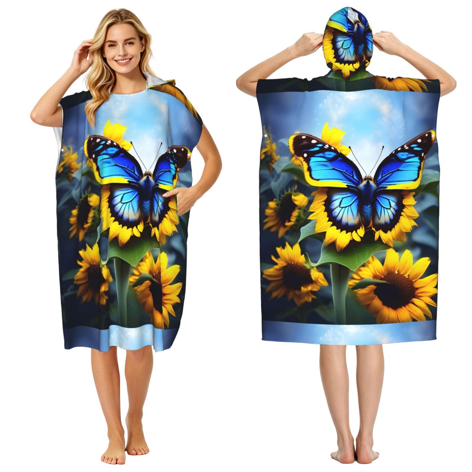 WSSYYBF WSSYYBFSunflower Blue Butterfly Adult hooded beach towel Oversized with Hood for Absorbent Quick Dry