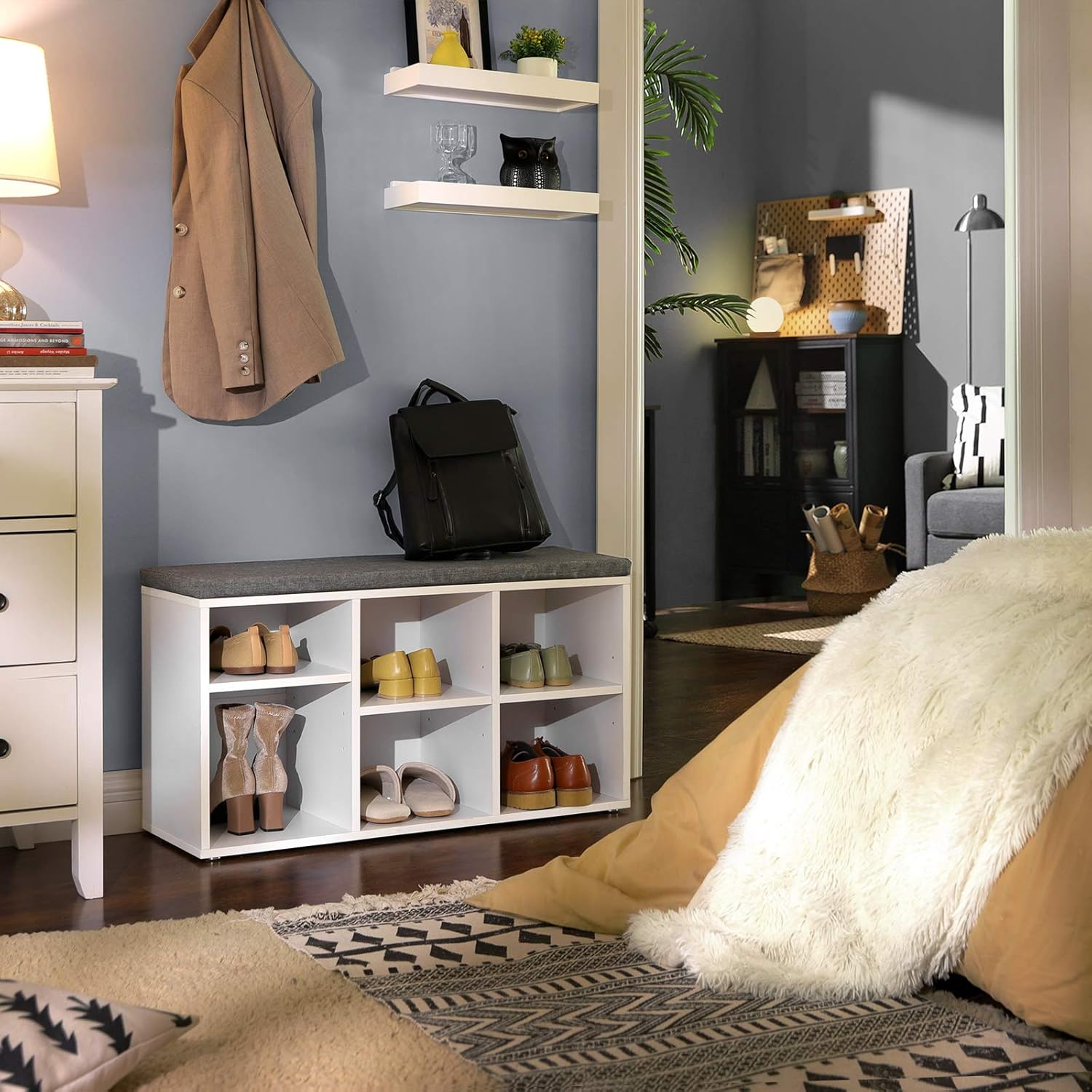 Super Big Clearance! VASAGLE Bench, Shoe Storage Organizer with 6 Compartments and 3 Adjustable Shelves, Cushioned Seat, Compact and Narrow, White + Grey Buy 1 get 1 VASAGLE Bench, Shoe Storage Organizer with 6 Compartments and 3 Adjustable Shelves, Cushioned Seat, Compact and Narrow, White + Grey