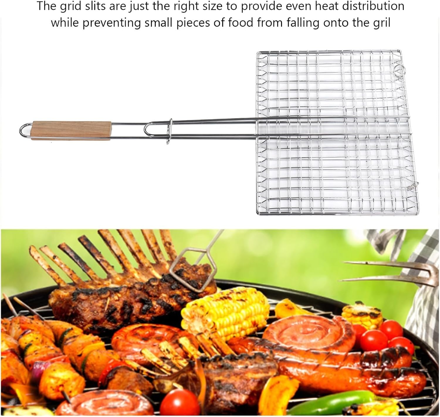Grill Basket for BBQ, Stainless Steel Folding Fish Vegetable Grilling Basket with Handle, Portable Camping Cooking Accessories Great Present for Dad, Father's Day, Men