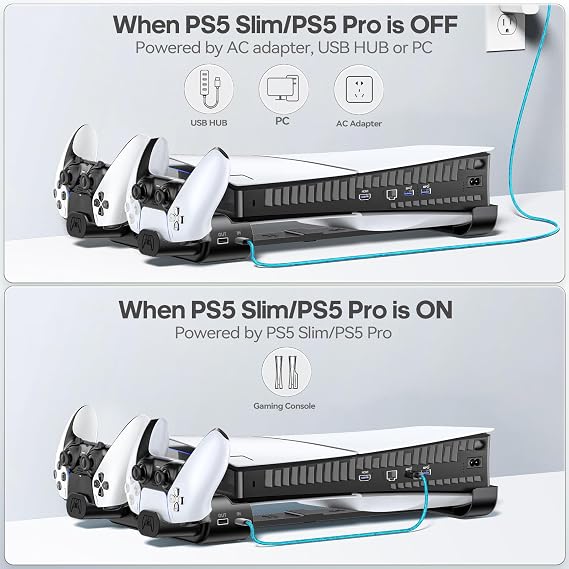 Horizontal PS 5 Slim/Pro Holder with Cooler for Disc & Digital PS5 Stand Horizontal with PS5 Charging Station PS 5 Horizontal Stand for PS 5 Slim & Pro (Not for PlayStation5 2020) Black