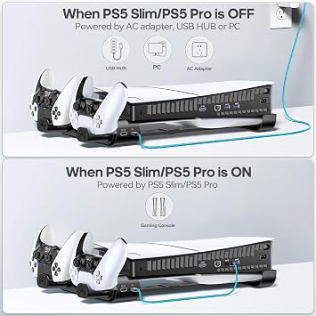 Horizontal PS 5 Slim/Pro Holder with Cooler for Disc & Digital PS5 Stand Horizontal with PS5 Charging Station PS 5 Horizontal Stand for PS 5 Slim & Pro (Not for PlayStation5 2020) Black