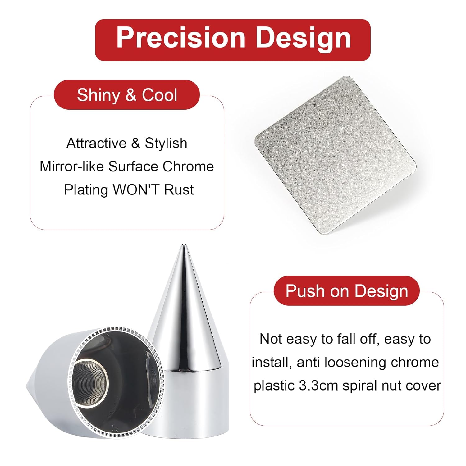 33mm x 4-1/4" Chromed Spike Lug Nuts Covers Screw on, ABS Chrome Plastic Caps Pointed Screw-on Lug Nut Cover for Semi Trucks Trailers (Pack of 60)