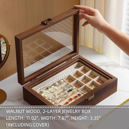 Miniatura 5 de Joyero de nogal con tapa de vidrio de 2 capas para mujer, organizador de joyas de madera maciza de estilo vintage y vitrina, regalo ideal