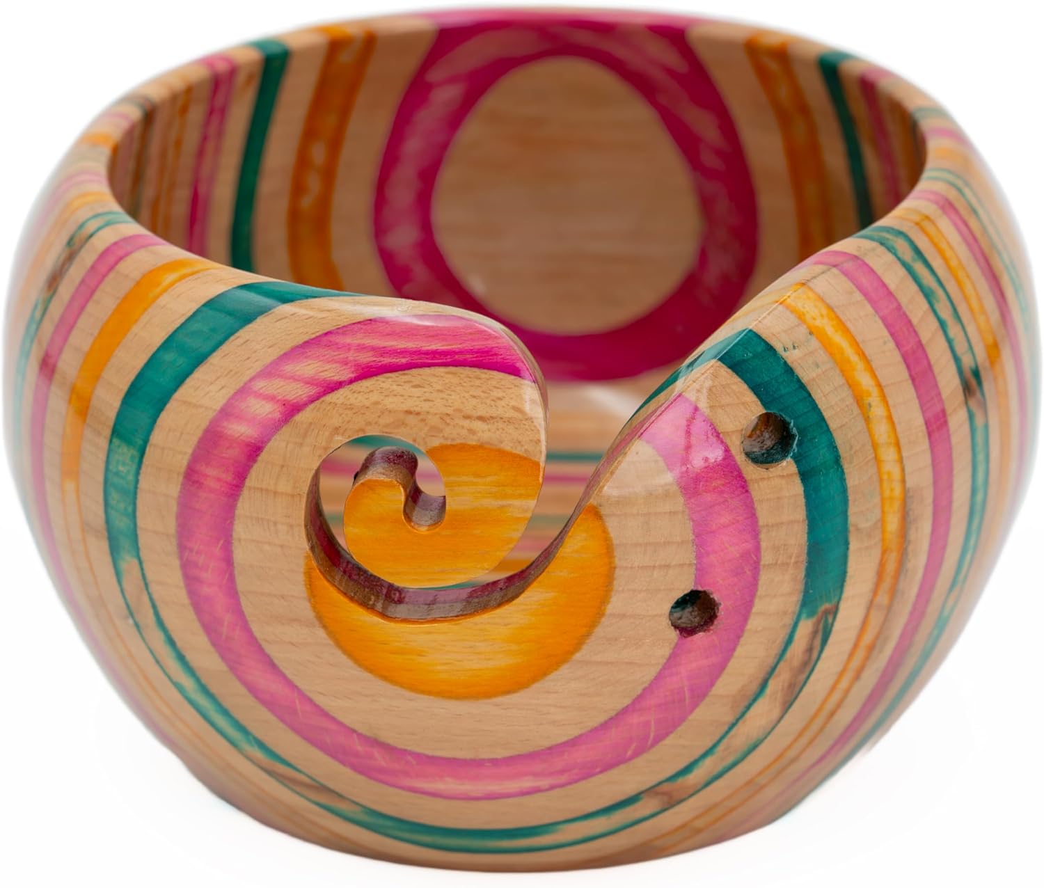 Handcrafted Colorful Beechwood Yarn Bowl – Wooden Holder with Spiral Cut Design – Tangle-Free Storage Bowl for Knitting & Crochet – Durable Handcrafted Organizer for Crafters