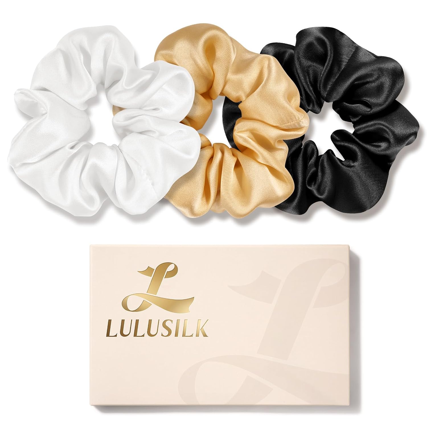 LULUSILK Silk Scrunchies for Hair Sleep, 100% Real Mulberry Silk, No Damage Hair Ties for Women and Girls, Black White and Gold, Pack of 3