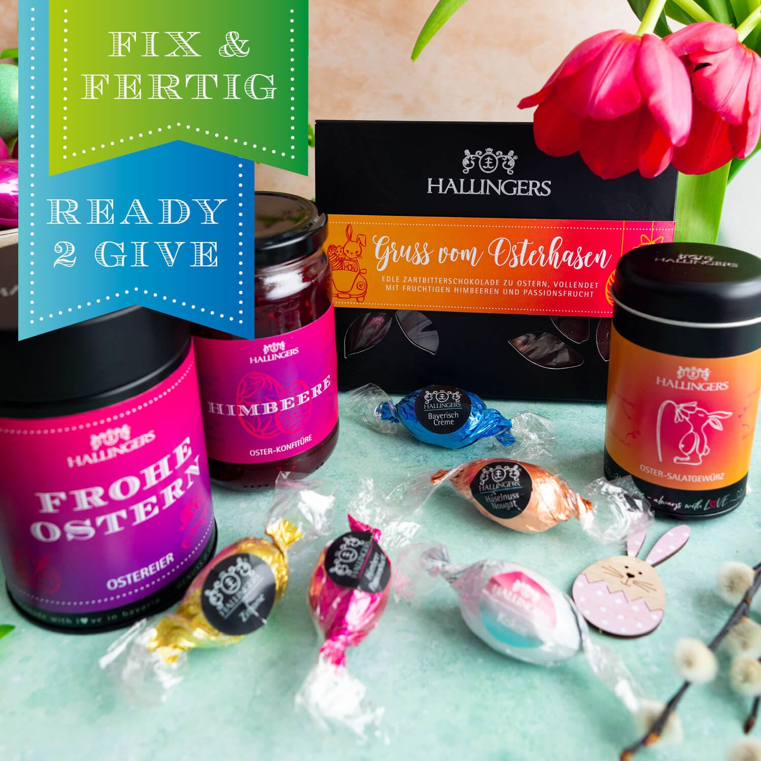 Hallingers Genuss Manufaktur Feinkost Oster-Geschenk-Set - XXL-Wundertüte "Gruß vom Osterh..." großes Osternest Pralinen-Ostereier, Ostertafel, Konfitüre & Gewürz, Ostern Körbchen für Frauen Männer
