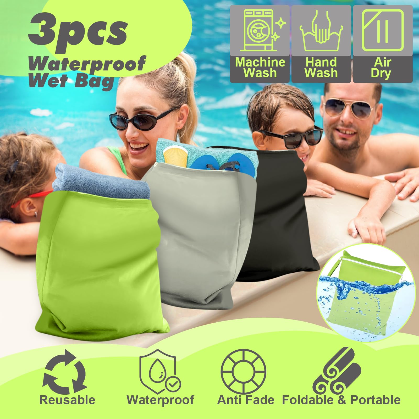 Wetbag Impermeabile 40x30 cm 3 Pezzi con Cerniera Riutilizzabile Nero Grigio Verde