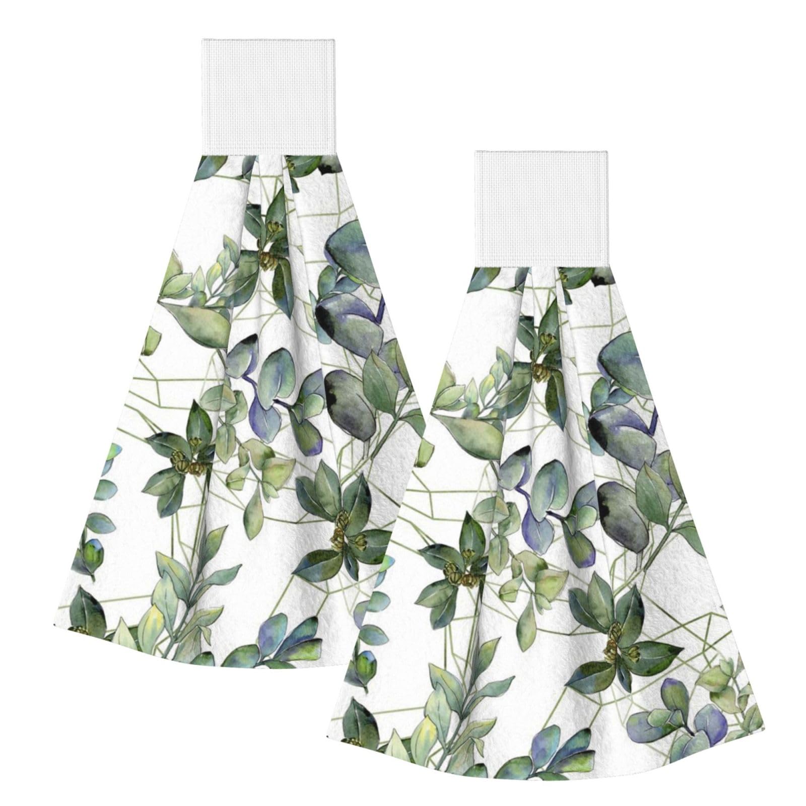 DOPKLNA Green Eucalyptus Leaves Printed, 2 Pcs Hanging Coral Fiber Hand Towels for Bathroom, Absorbent Kitchen Towels