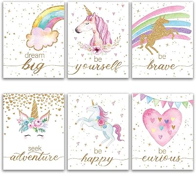 Inspirational Unicorn Decor for Girls Room Bedroom Classroom, Unicorn Wall Decor for Girls Kids, Unicorn Watercolor Decorations for Bedroom Home Living Room, Unicorn Posters Gifts for Unicorn Lover, Unicorn Art Prints Set of 6 8X10 Unframed-8