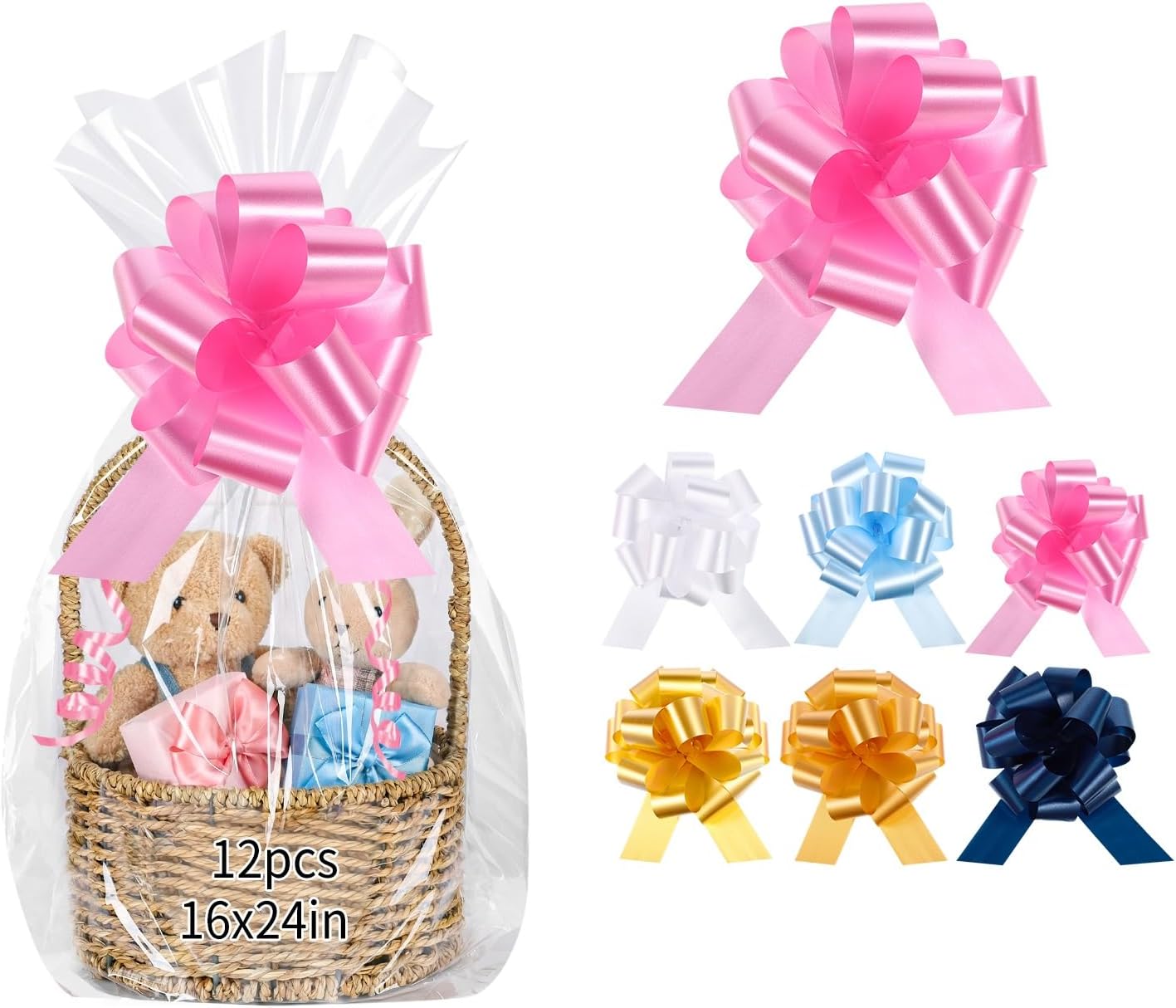 12 PCS Clear Cellophane Gift Bags 16x24 Inch Easter Cellophane Wrap with 12 Pull Bows for Baby Shower Easter Gift Baskets Birthday 2.5 Mil Thick