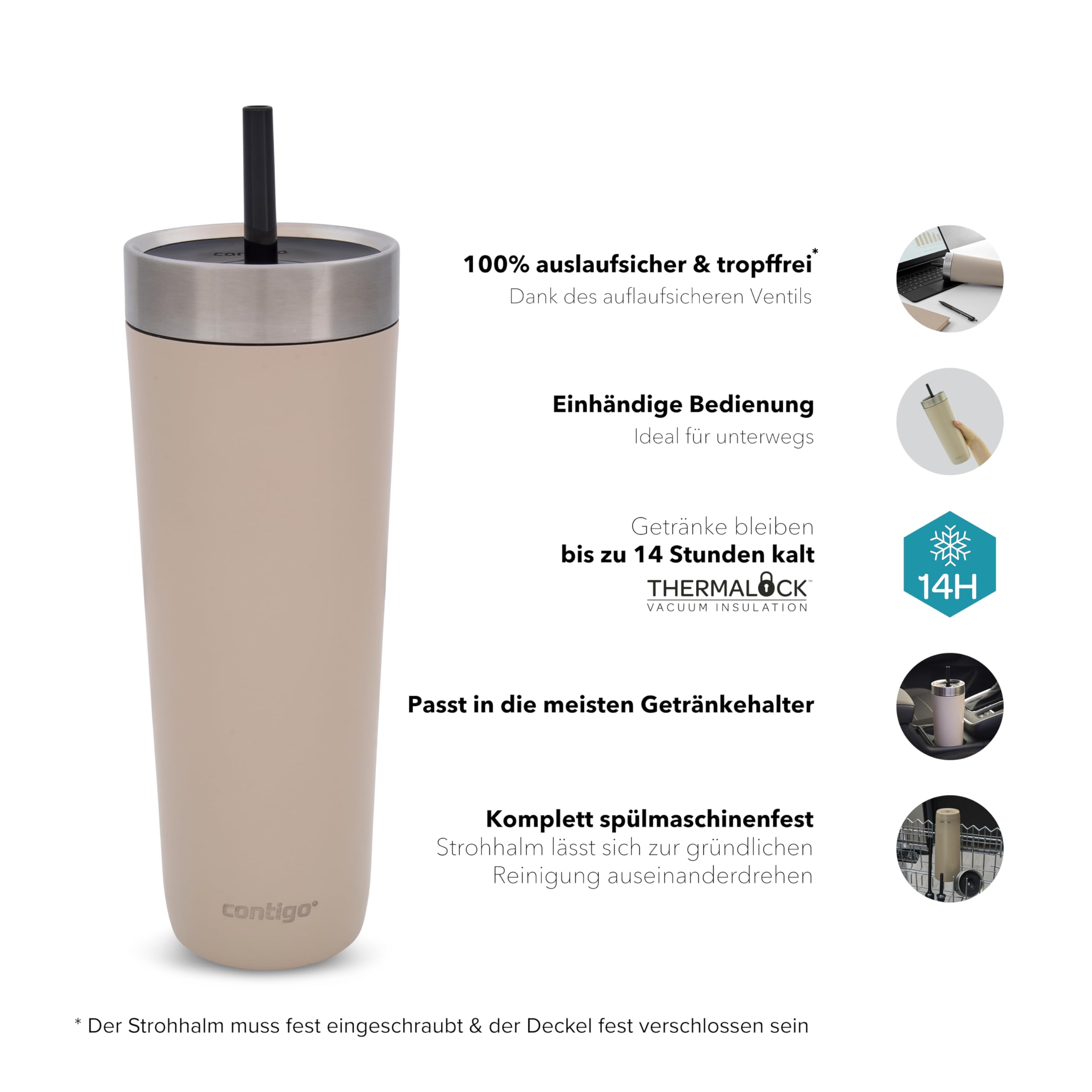 Contigo No-Spill Tumbler | Thermosflasche mit Strohhalm | 720 ml