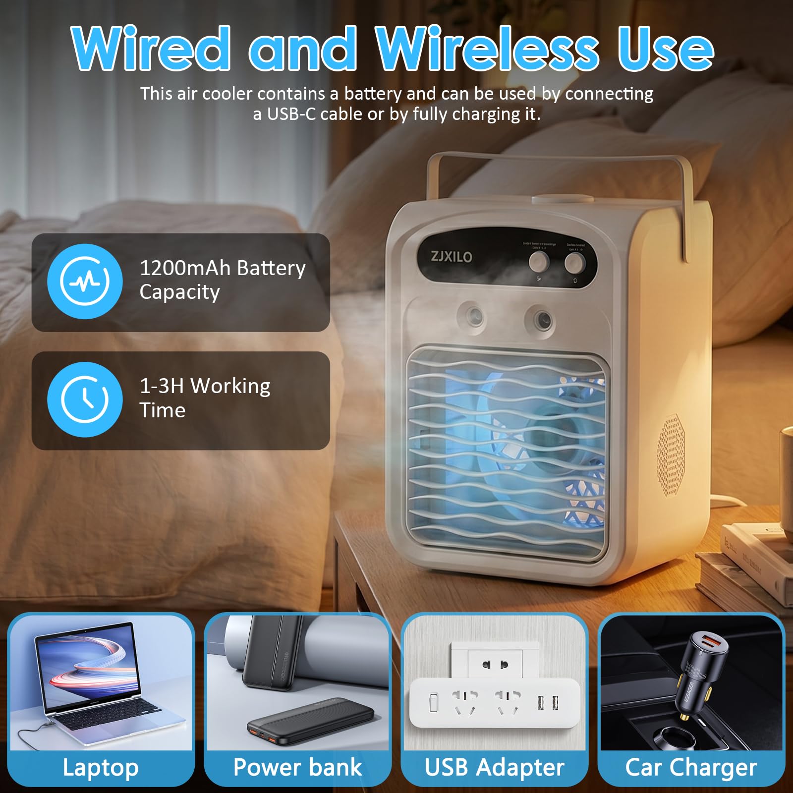 Mobile Klimaanlage Luftkühler, Mini Klimaanlage, Mobile Klimagerät, Klimaanlage Mobil, 1000ml Wassertank 7 Farben Licht, mit Sprühfunktion, Griff, Leise, für Schlafzimmer Büro