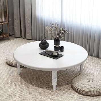 Folding Round Table, Wooden Coffee Table, Round or Square, Foldable, Simple and Beautiful, Wood Grain Finish White Round Table, 23.6 x 23.6 x 11.8 inches 60 x 60 x 30 cm