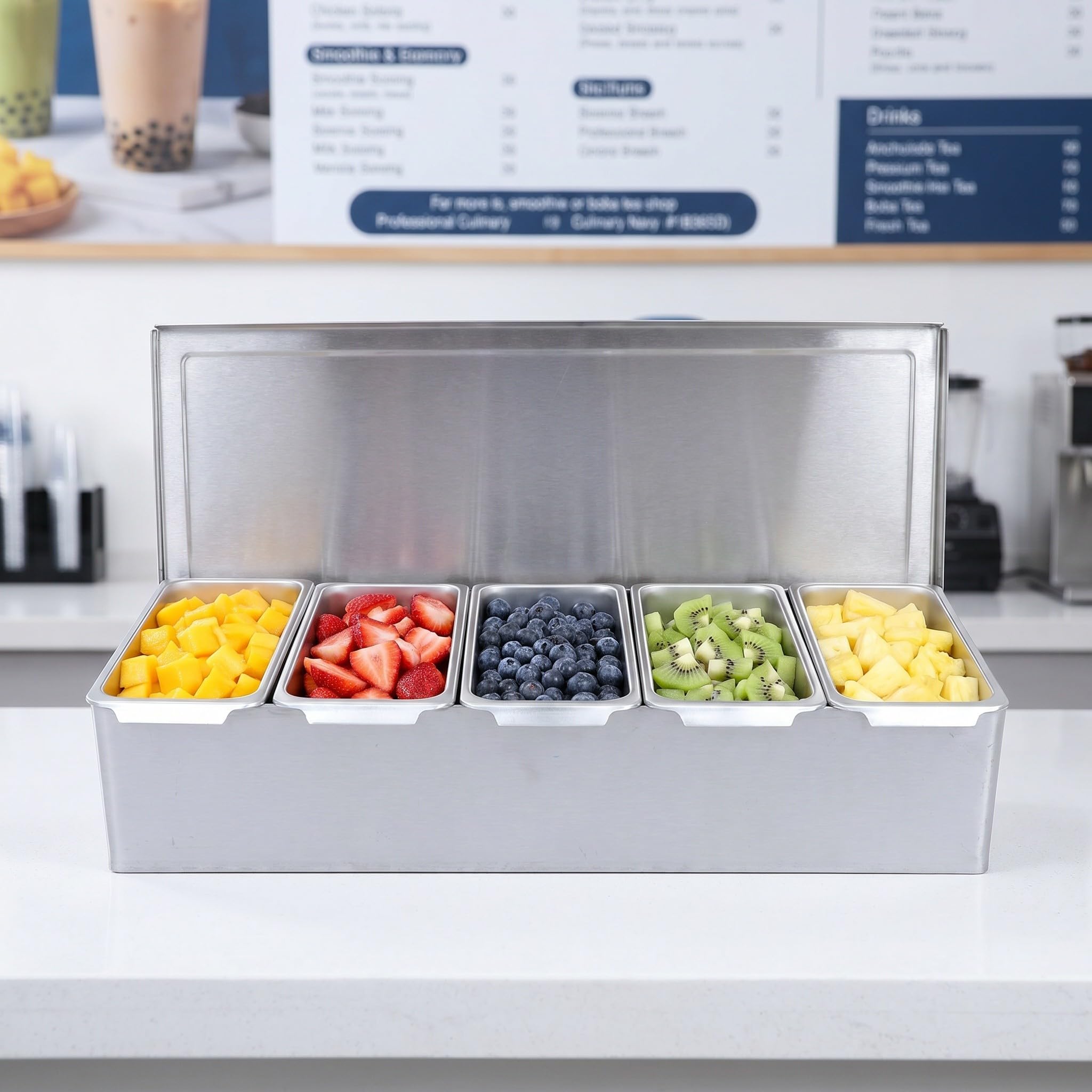 OUNONA 1 Set gekühlte Behälter für Gewürze und Soßen mit Deckel, Gemüse- und Gewürzbehälter - Edelstahl, 5-teiliger Behälter für Toppings, Obst, Eiscreme, Salat