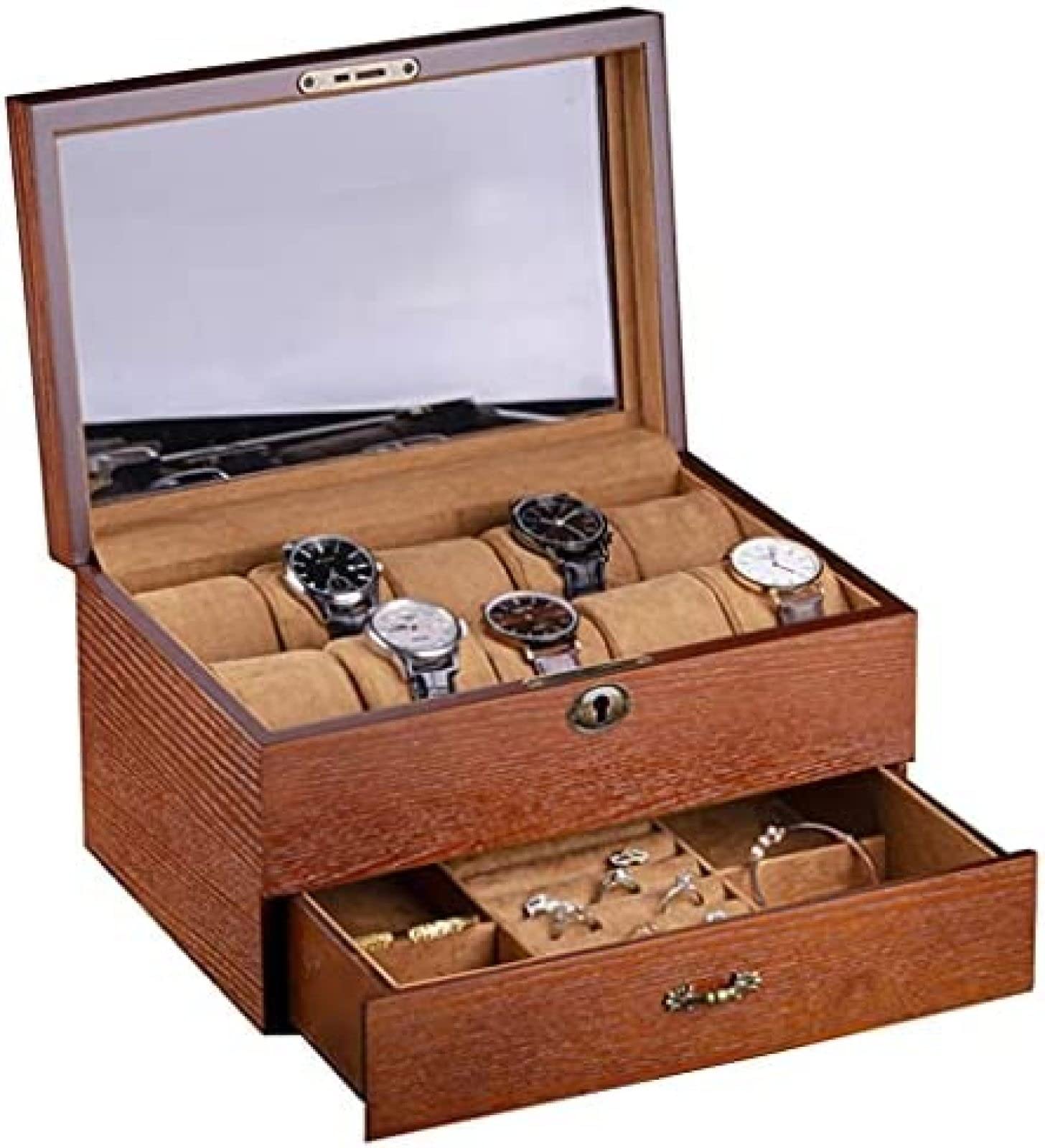 YNBSHGAA Watch Storage Box Wooden Multifunctional Large-Capacity Watch Box with Lock Watch Storage Cabinet with Glass Lid Birthday Gift for Friends,Brownb,30×20.5×16.5cm,Brown-30×20.5×16.5cm