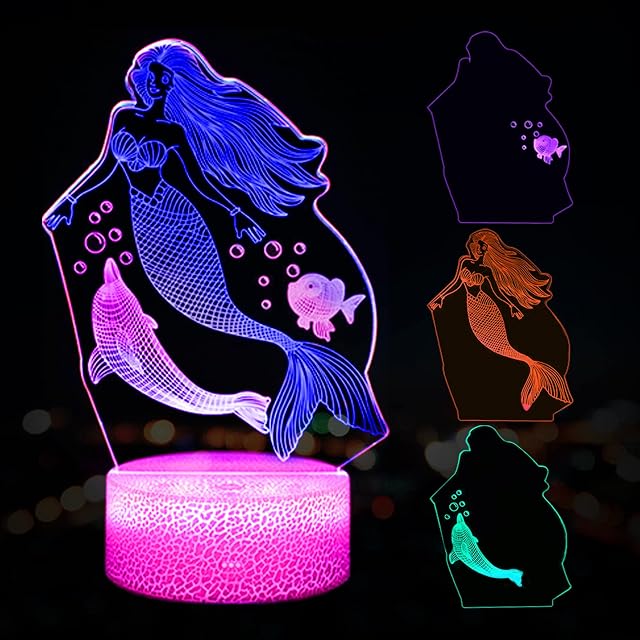 EXOOHOUO 3 Pcs Mermaid Night Light 3D Illusion LED Lights Mermaid Toy Gifts for Girls 7 Colour Changing with Remote Room Decor Birthday Gifts for Girls Kids