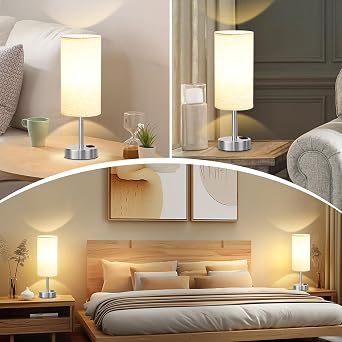 Touch Table Lamps for Bedroom Nightstand - Bedside Lamps with USB-C USB-A Charging Ports White, 3 Way Dimmable Control Small Lamp Fabric Shade Silver Base for Bedroom, Office, Living Room, Reading..