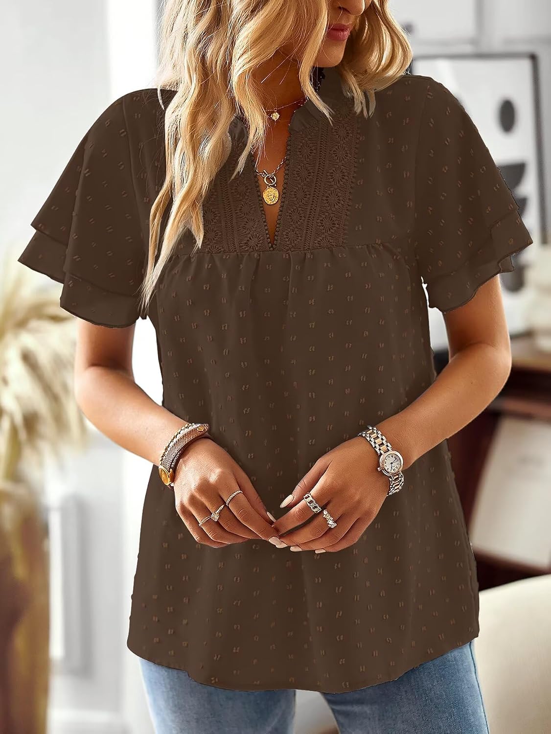 Falechay Womens Tops Butterfly Sleeve V Neck Blouses for Women Dressy Casual Flowy Swiss Dot Ruffle Short Sleeve Shirts thumbnail
