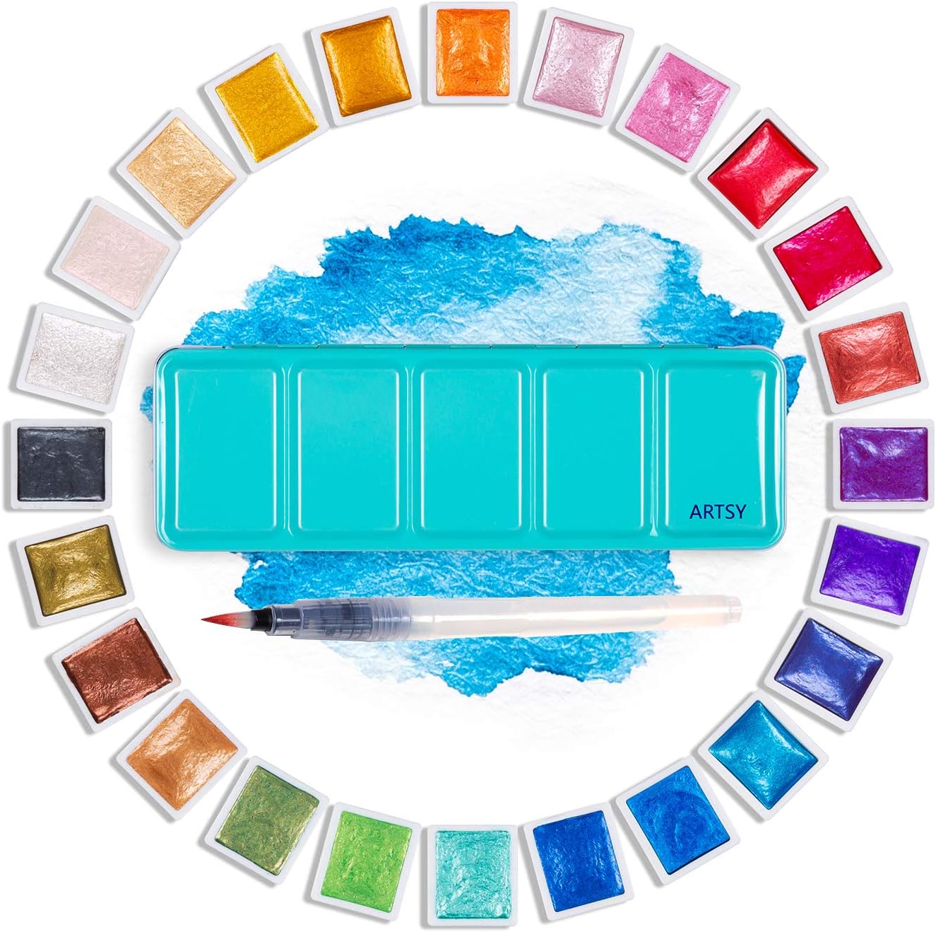 Artsy Artist Grade Watercolor Paint Set - 24 Glitter Colors and Water Brush in A Metal Case with Palette Perfect for Artists, Hobbyists, Students - Great Christmas Gift Idea