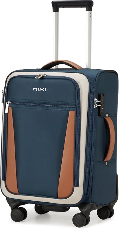 Equipaje de mano valija expandible Softside de 20 pulgadas con bolsillo frontal, valija de viaje livianas con ruedas aprobadas por aerolíneas de 22 x 14 x 9 con ruedas y TSA (azul profundo-blanco apagado)