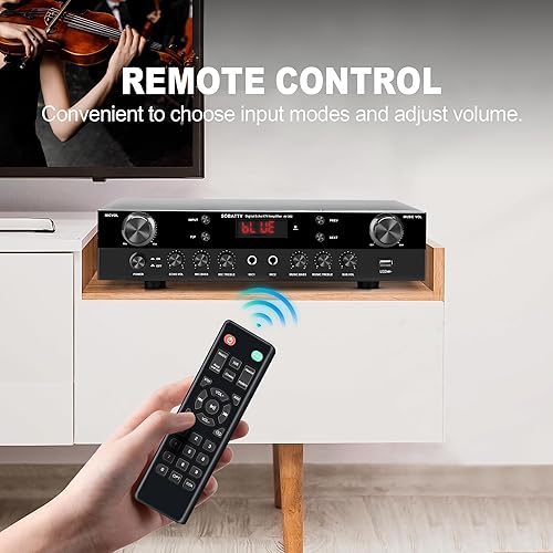 Miniatura 6 de Receptores estéreo Amplificador de audio para el hogar 2.1 canales Salida de subwoofer con Bluetooth 5.0, USB, 2 micrófonos, eco, RCA, entrada