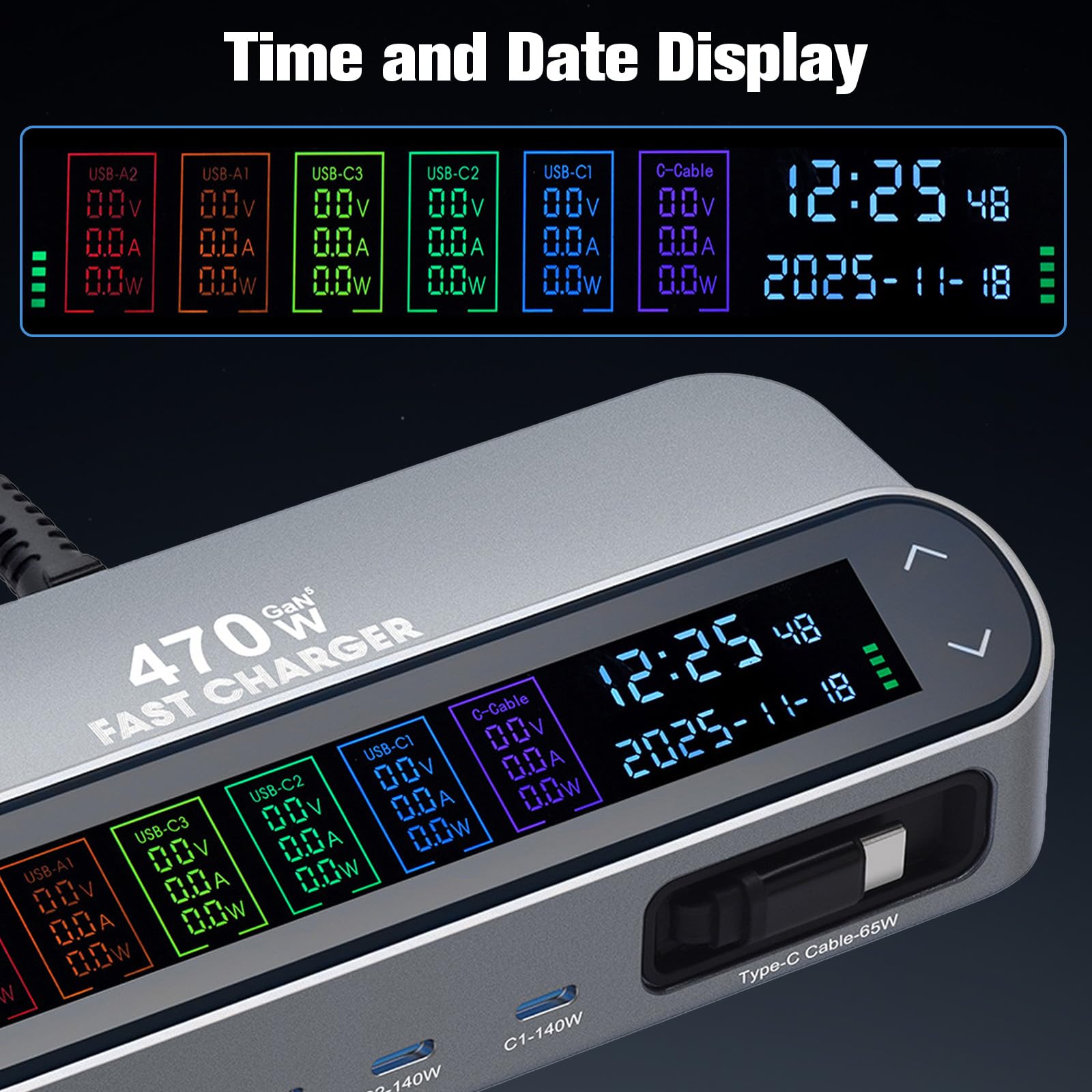 470 W ładowarka USB C, wieloportowa, 5-portowa stacja ładująca z szybkim ładowaniem, z wyświetlaczem LCD, 3 porty USB-C i 2 porty USB-A, kompatybilna z MacBook Pro/Air, iPhone 16/15/14