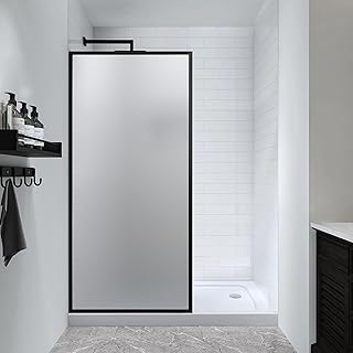 Frosted 34" W x 72" H Fixed Framed Shower Door Shower Screen Panel in Matte Black Finish with 5/16" (8mm) SGCC Tempered Glass, Reversible Installation