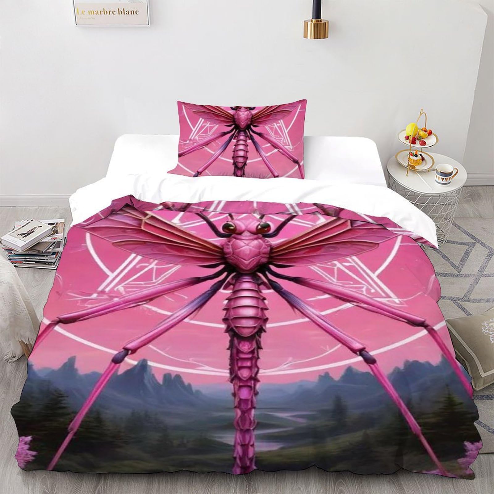 Housse de couette libellule rose 135x200cm en microfibres pour lit d'enfant