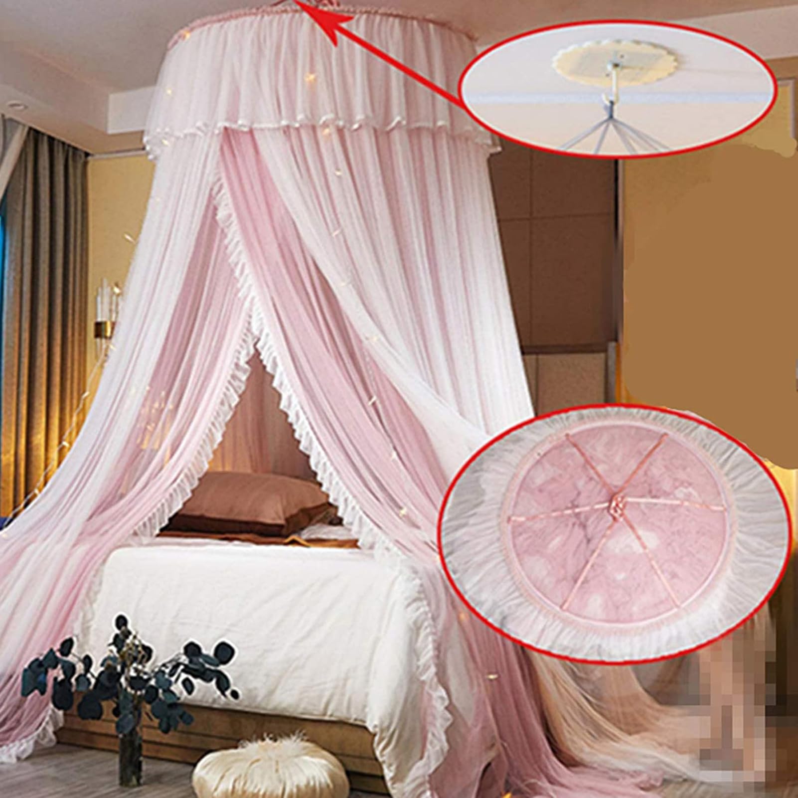 Reheyre 1 Set Bed Canopy, Princess Bed Curtain Net, Glow In The Dark Round Dome Bed Curtains Princess Bed Canopy Bed Canopy Curtains Canopy Bed Curtains For Twin Full Queen King Size Pink L