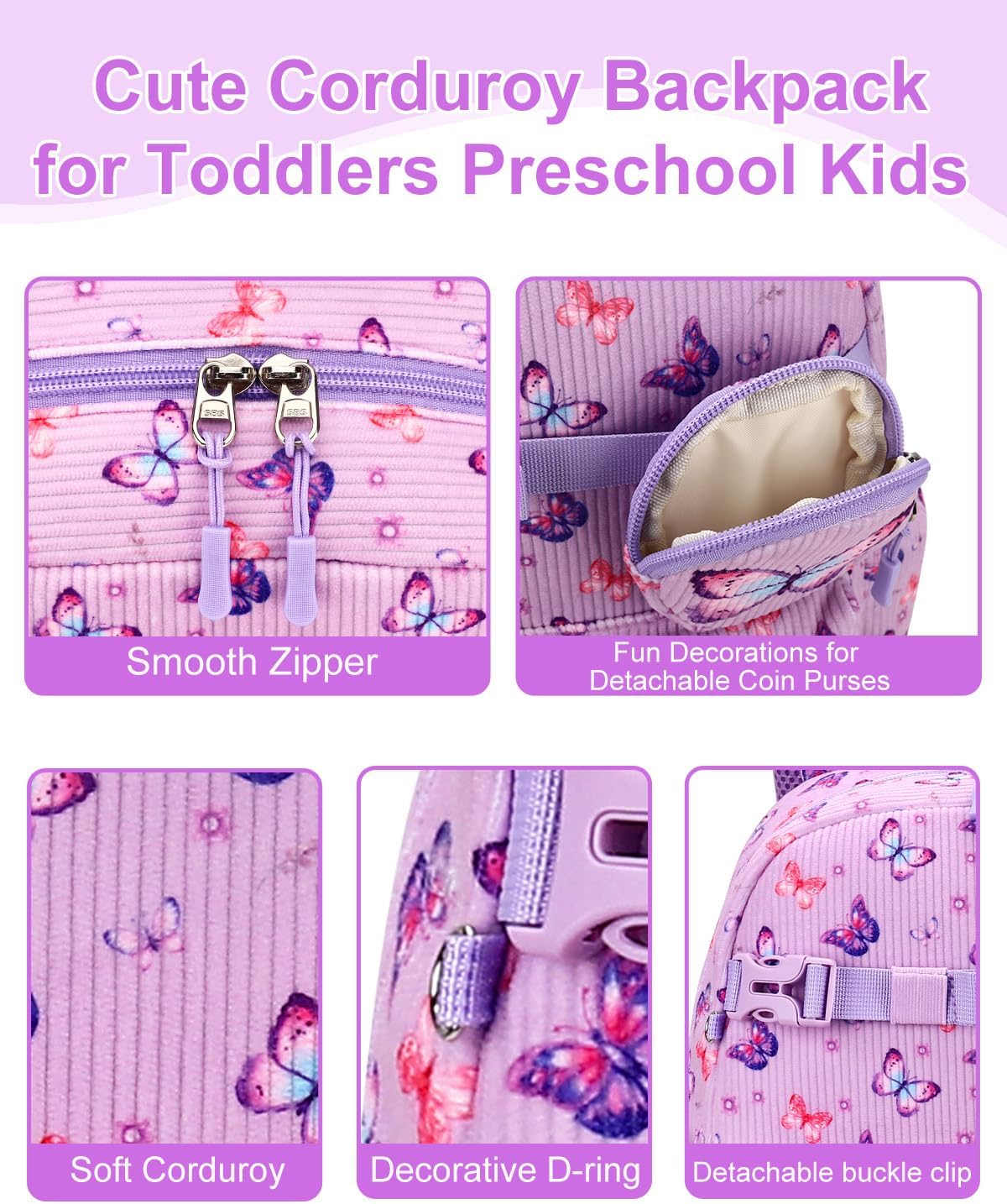 RHCPFOVR Toddler Backpack for Girls 2-4 - Girls 13" H Bookbag for Preschool Kindergarten Cute Corduroy Kids Travel Daypack School Bag