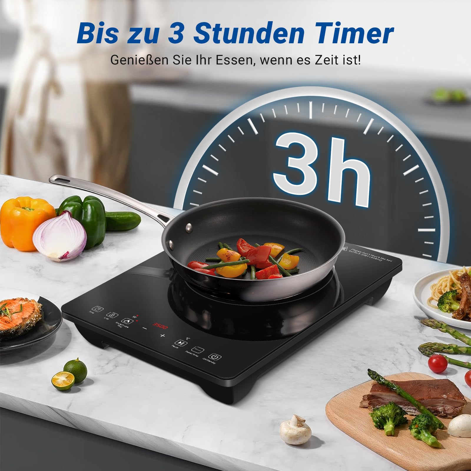 AMZCHEF Induktionskochplatte Einzel, 3500W Induktionskochfeld mit Doppelter Ring, 9 Stufen, Sicherheitssperre