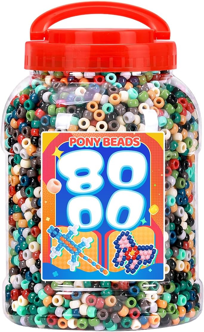 Bundooraking 8000pcs Pony Beads Bulk, Earth Tone Plastic Beads for Bracelets, Jewelry Making, Crafts, Hair Braiding, Keychains & DIY Projects with Handle Storage Bucket(6x9mm)