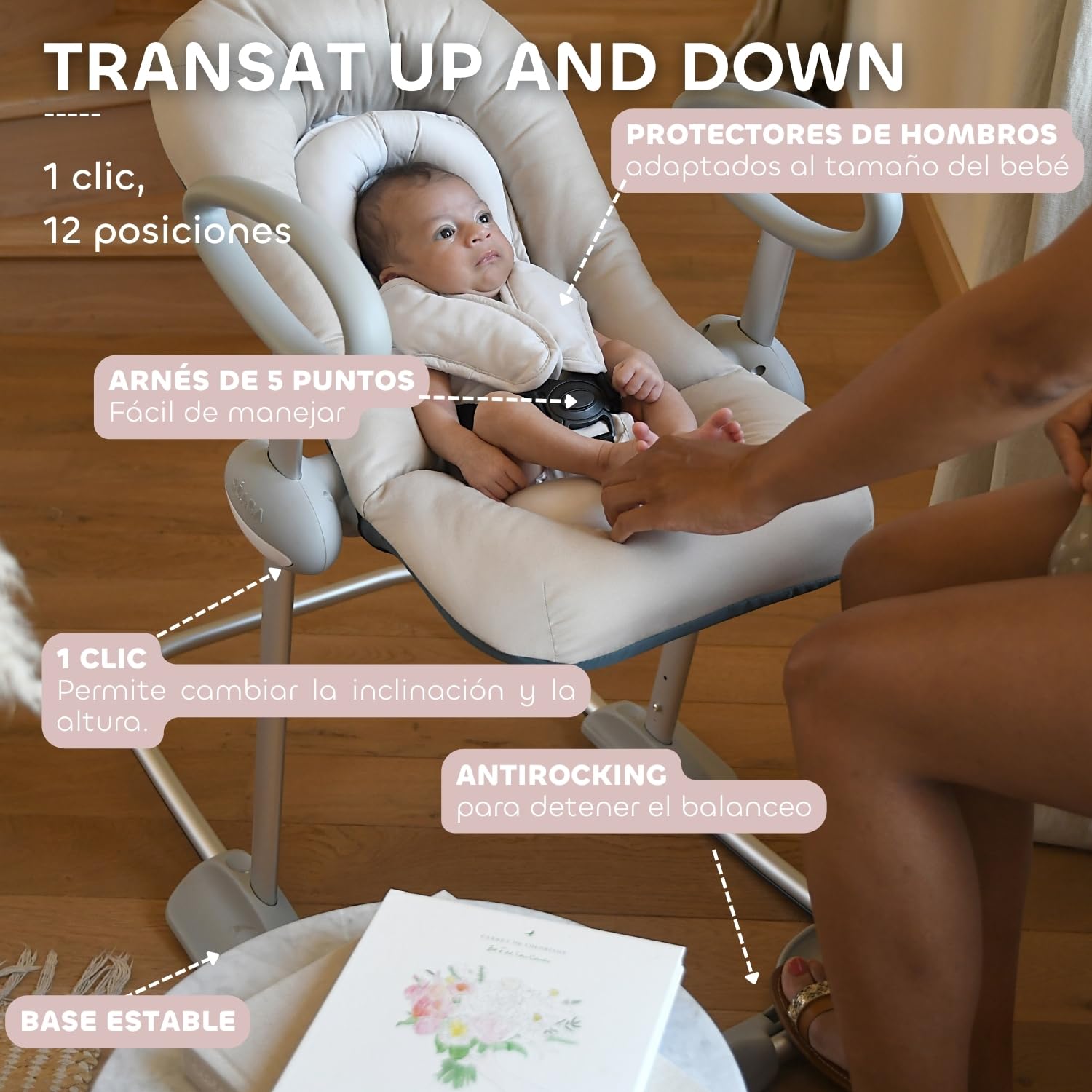 BÉABA, Hamaca Up & Down IV, Regulable en Altura, Unisex para Bebé y Niños, 3 Posiciones de Inclinación, Arnés de Seguridad 5 Puntos, Reductor de Nacimiento, Arcilla