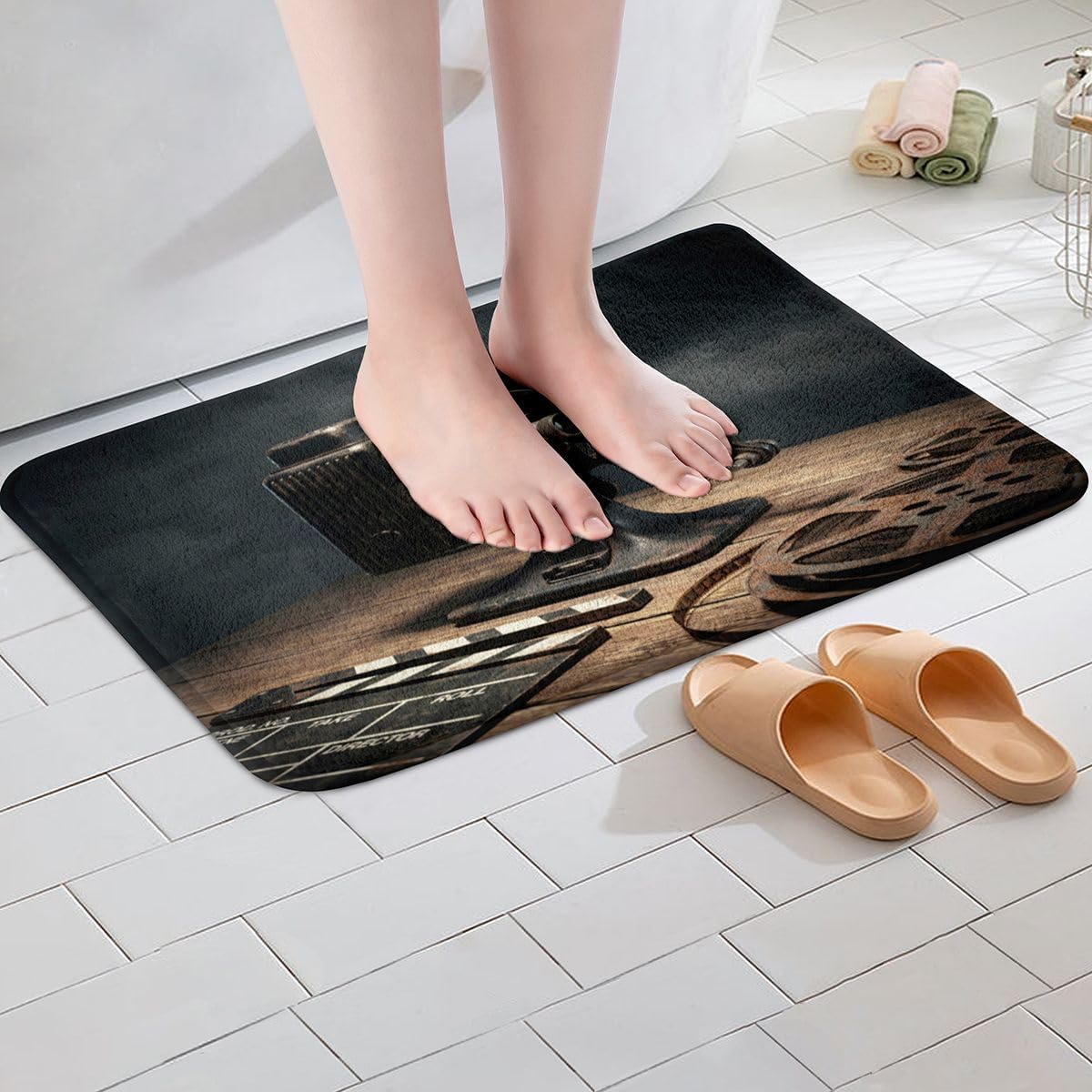 Feelyou Vintage Film Projector Bathroom Rugs Film Reel Bath Mats Retro Cinema Aesthetic Bathroom Accessories Antique Movie Equipment Print Floor Doormats 16"x24" Soft Microfiber image 4