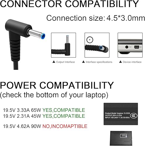 Miniatura 2 de Cargador compatible con HP Laptop Computer 65W 45W Smart Blue Tip Adaptador de corriente