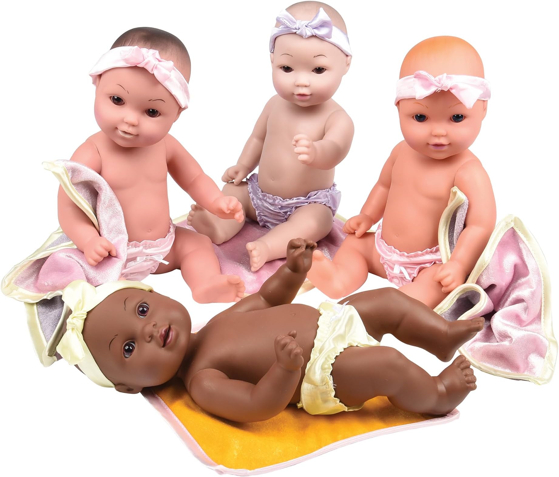 U. S. Toy Constructive Playthings Tender Touch 12" H Multicultural Baby Doll Toys Set with Blankets, Headbands, and Panties, Set of 4 Diverse Baby Dolls for Kids, Multicolor