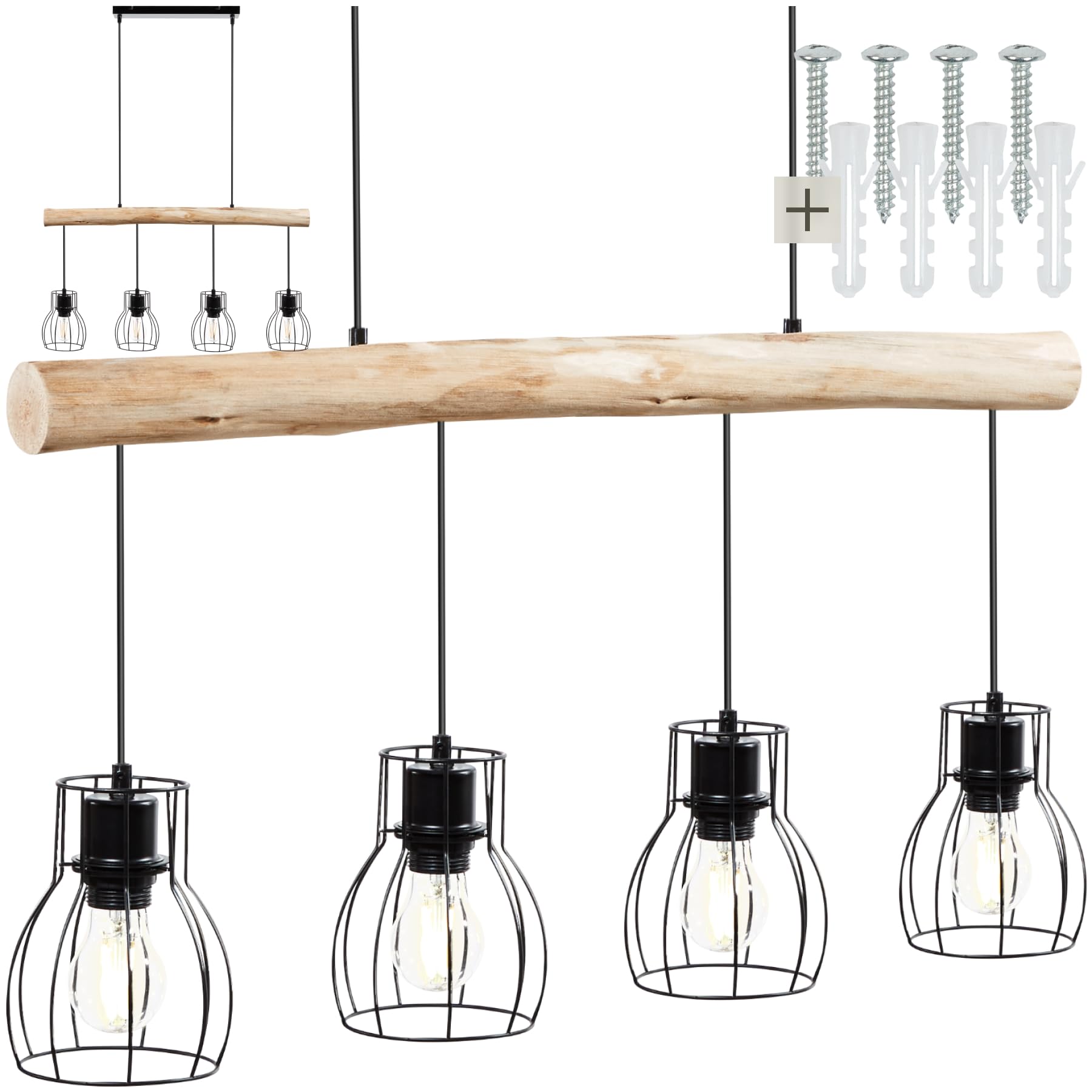 tectake® Pendelleuchte, Lampe hängend 4-flammig, Deckenlampe schwarz mit Holzbalken, Industrial Style Wohnzimmer, Esszimmer Lampe, Wohnzimmerlampe, Flurlampe, Hängelampe Esstisch