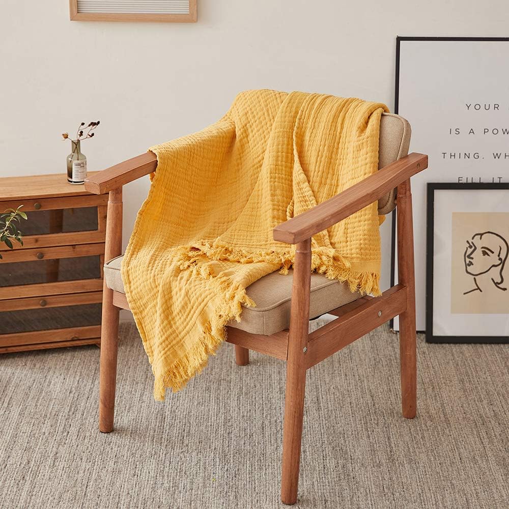 Simple&Opulence Cotton Muslin Throw Blanket for Bed, Couch, Knit Woven Gauze Blanket with Tassels, Soft Lightweight Cozy Pre-Washed Breathable Farmhouse Decoration for All-Season (Yellow)