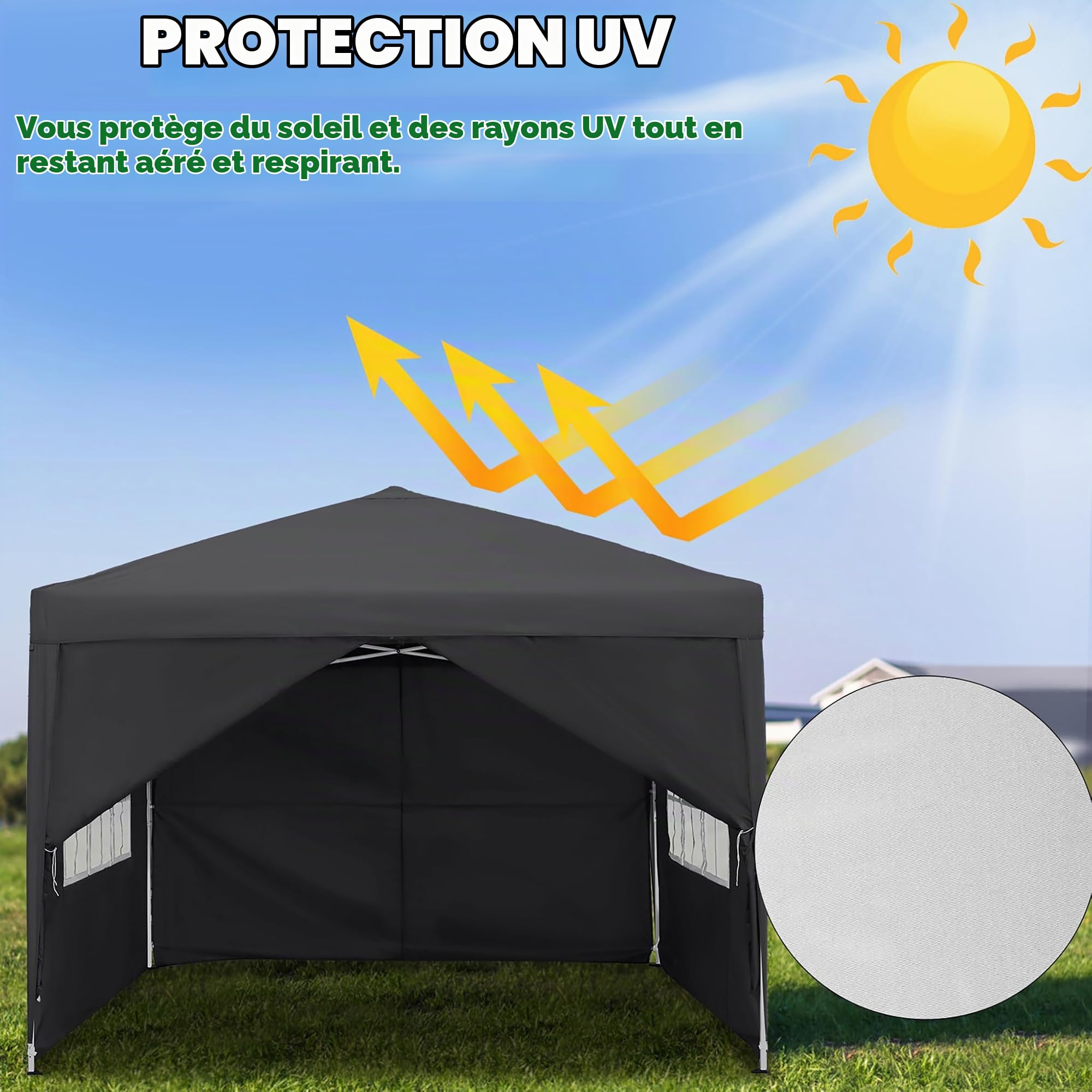 Tonnelle pliable - 2,5 x 2,5 m - Imperméable et stable - Résistante à l'hiver - Avec 4 panneaux latéraux et fenêtres - Tente de jardin pliable - Protection UV - Tente de réception pour