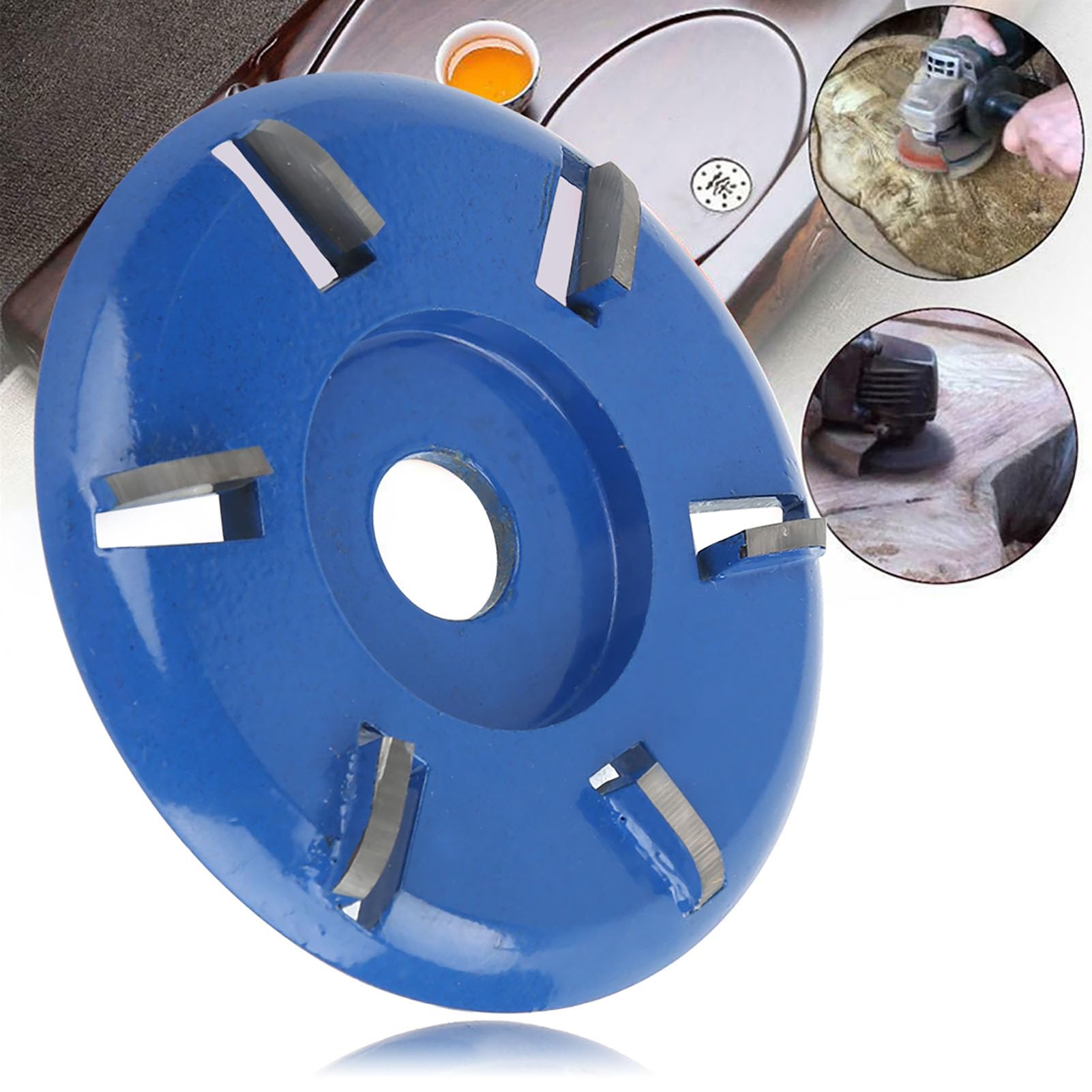 Disque De Sculpture En Bois, Acier 6 Dents Arbre Disqueur De Souche De Mouture De Fraiseuse D'outil De Travail Du Bois D'outil De Travail Accessoires Meuleuse De Souche Pour Polissage(Arc Blade Bleu)