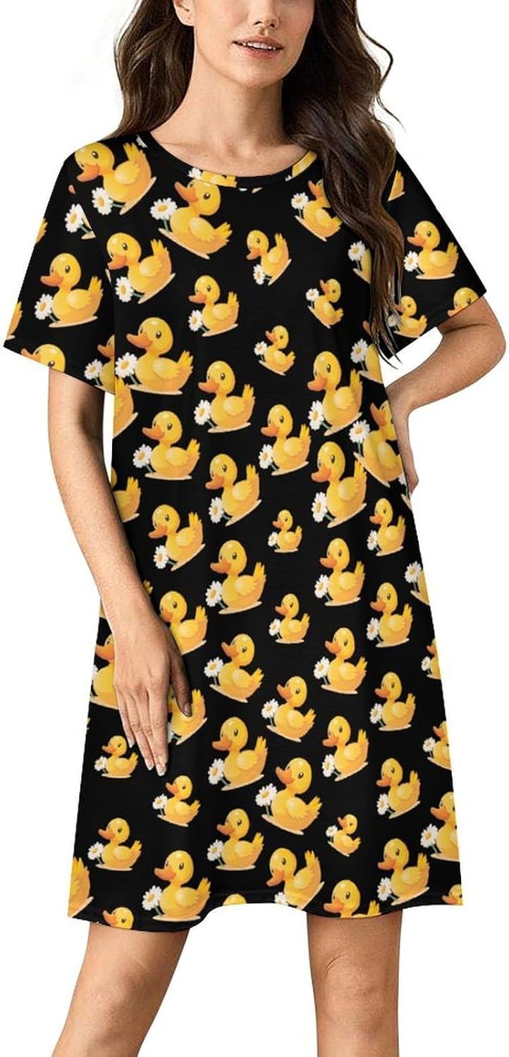 Yellow Rubber Duck with Daisy Flower Nightgowns for Women Short Sleeve Sleep Dress Casual Sleepshirt Night Gowns Pajamas