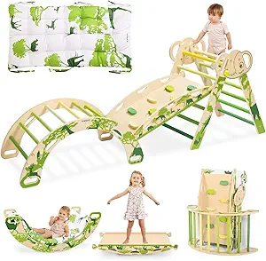 wingyz 8-in-1 Pikler Triangle Set with Cushion-Foldable Baby Climbing Toys with Arch, Ramp & Ladder | Montessori Toddler Climber Indoor Jungle Gym for 1-3 Year Olds (Green)