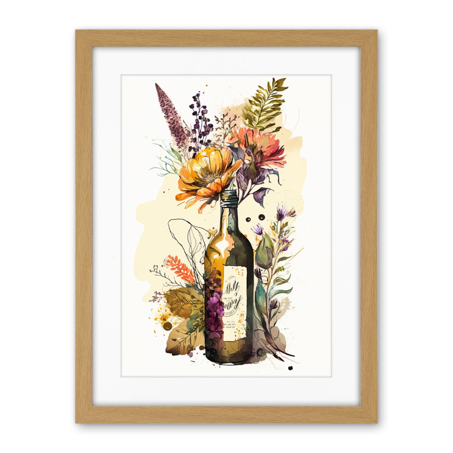 Artery8 Wildflower Bouquet in Upcycled Glass Wine Bottle Artwork Framed Wall Art Print 18X24 Inch