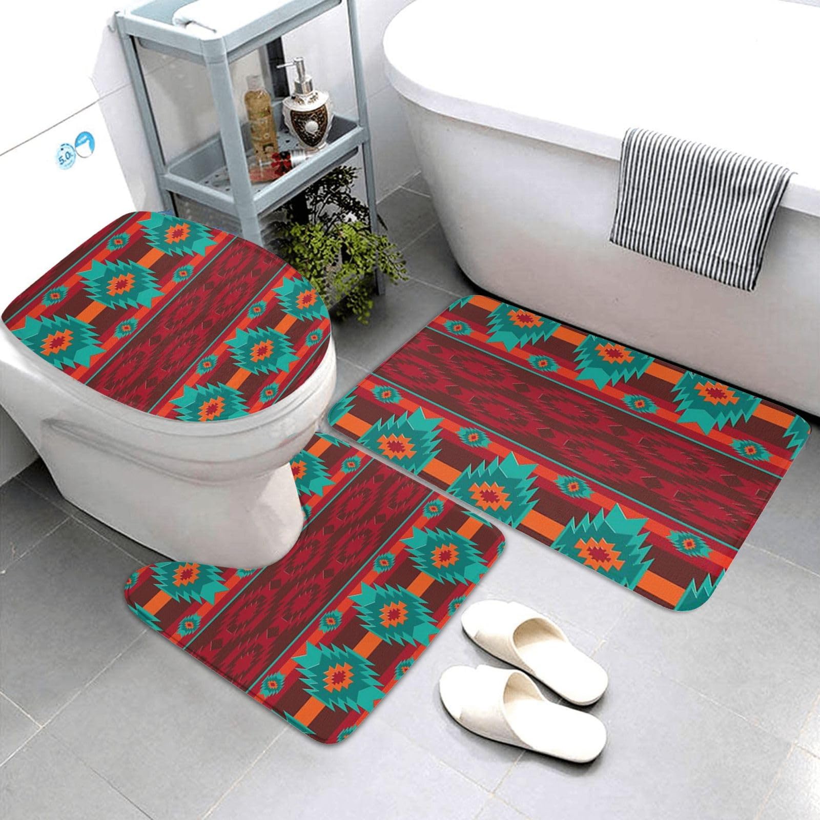 Tapis de bain ethnique pour bathroom et cuisine, ensemble trois pièces géométrique doux